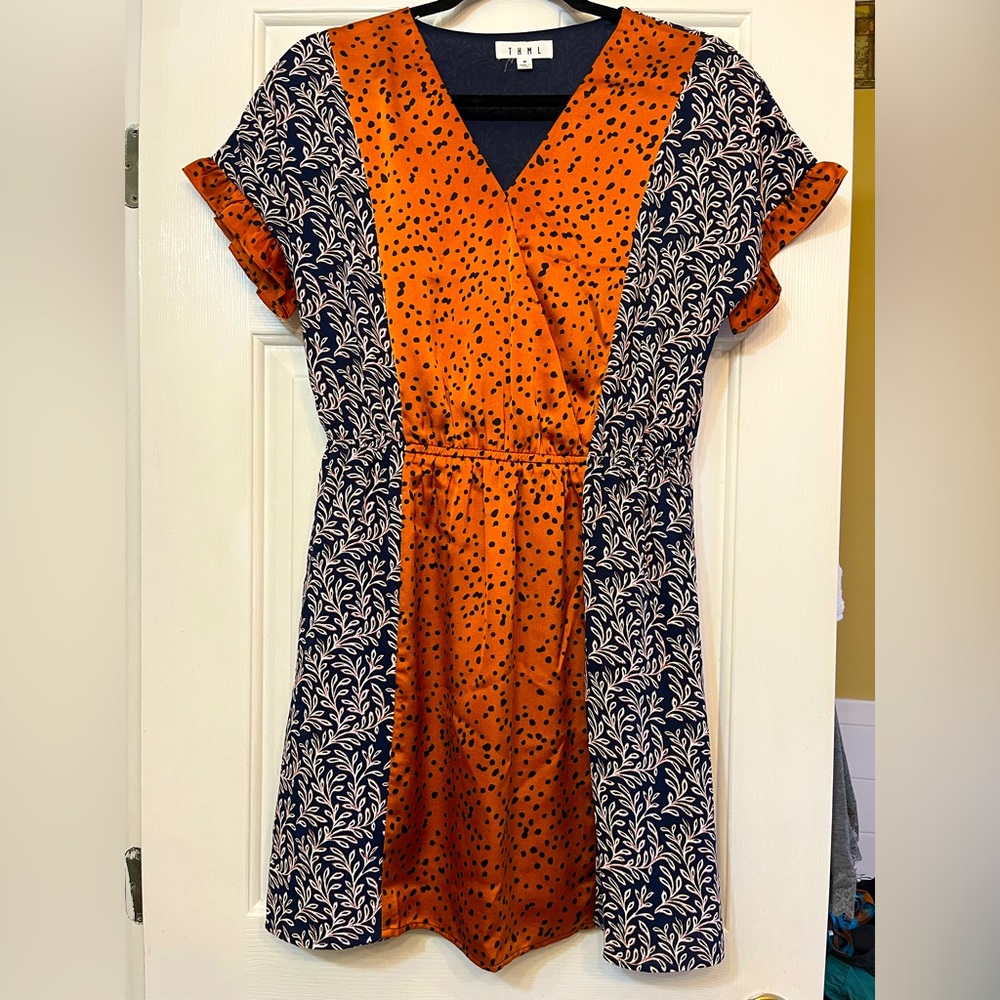 THML Size Medium Faux Wrap Cinched Waist Dress. Excellent Condition.